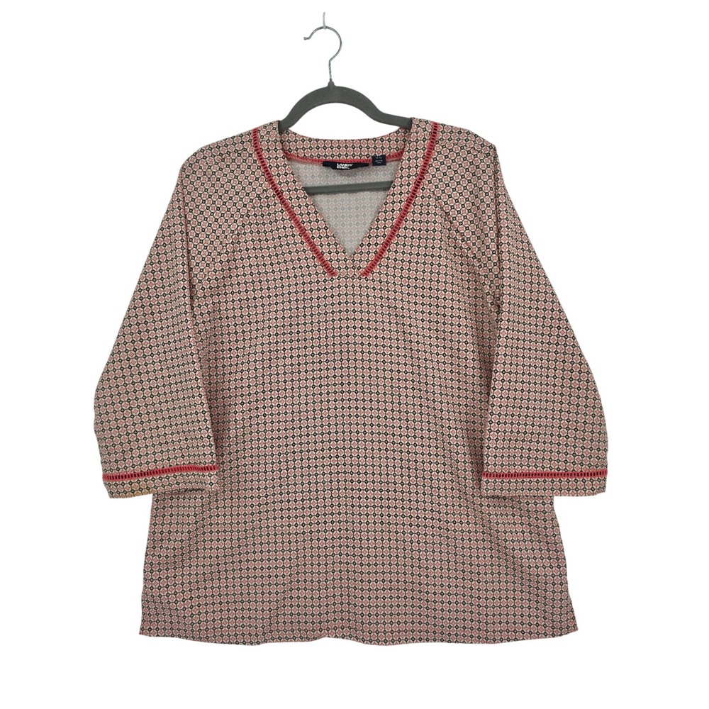 Lands End Womens Pink Navy Geometric Print Tunic Blouse 3/4 Sleeve Top Office